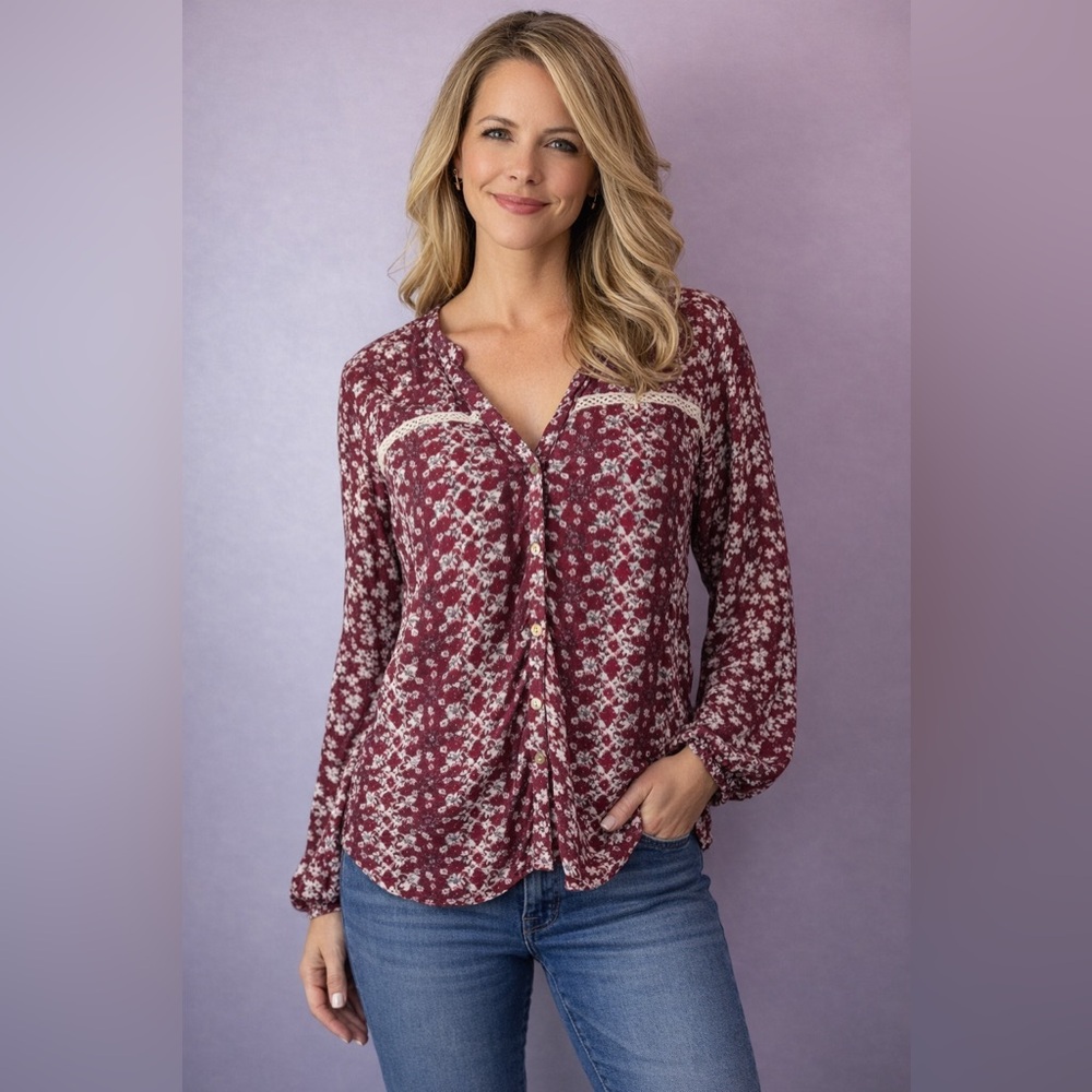 47) Hollister Burgundy Floral Blouse. PTP 24